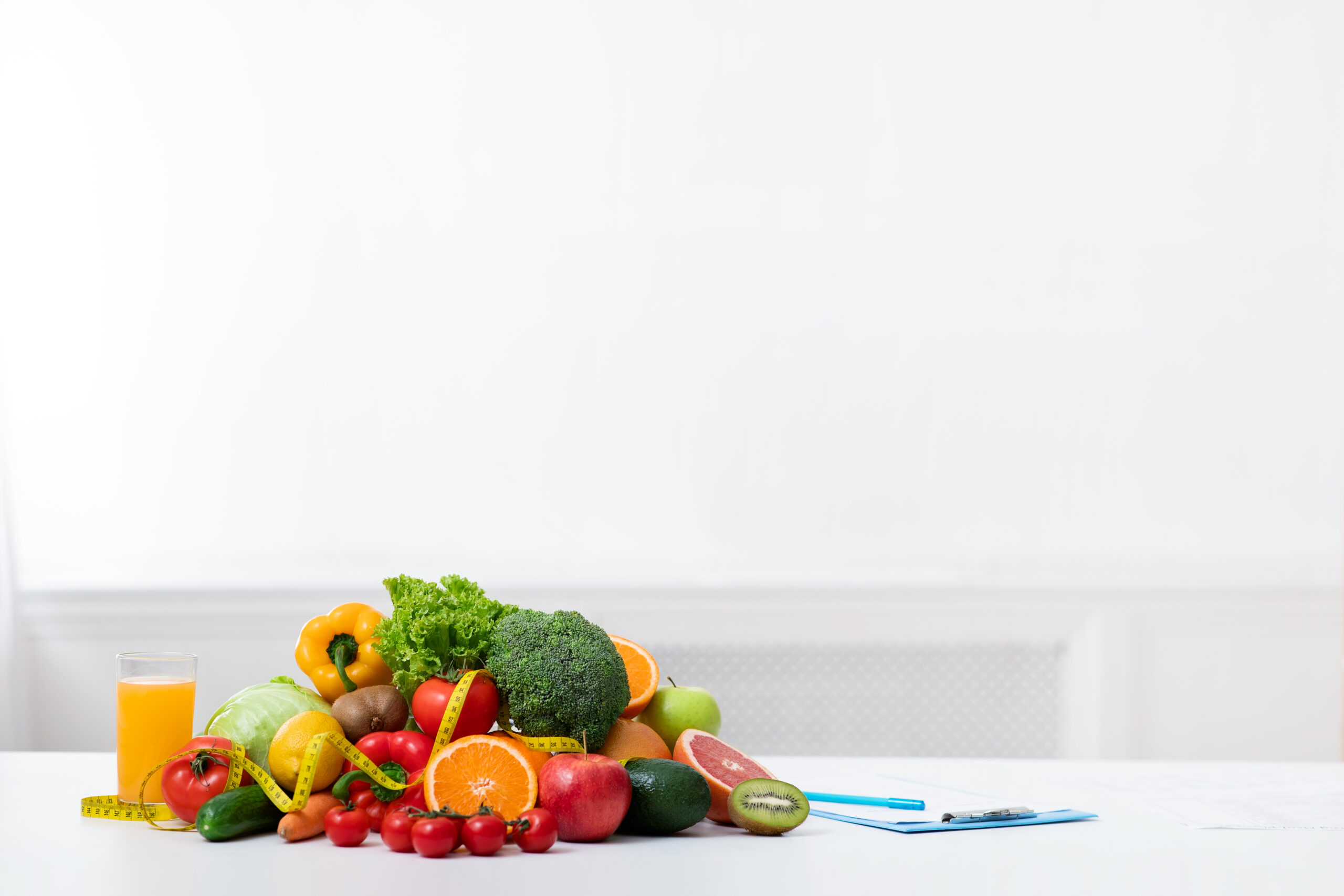 Dietologist,Empty,Workplace,With,Fruits,,Vegetables,,Measuring,Tape,And,Medical